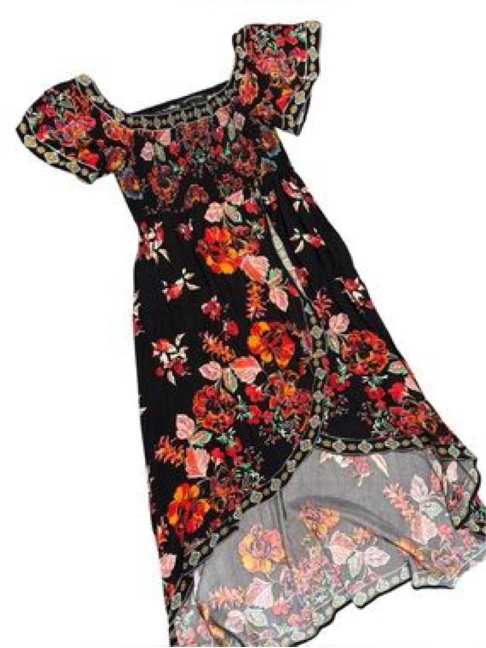 ❤️Vici Women’s Black Red Floral Boho Smocked Off Shoulder Slit Midi Dress | L